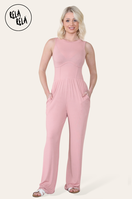 Solid Ribbed High Neck Wide Leg Sleeveless Jumpsuit in Rose Pink