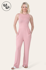 Solid Ribbed High Neck Wide Leg Sleeveless Jumpsuit in Rose Pink front