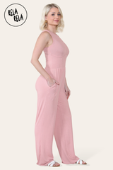 Solid Ribbed High Neck Wide Leg Sleeveless Jumpsuit in Rose Pink side