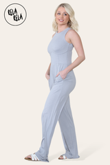 Solid Ribbed High Neck Wide Leg Sleeveless Jumpsuit in Grey side 2