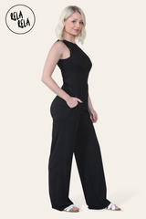 Solid Ribbed High Neck Wide Leg Sleeveless Jumpsuit in Black side