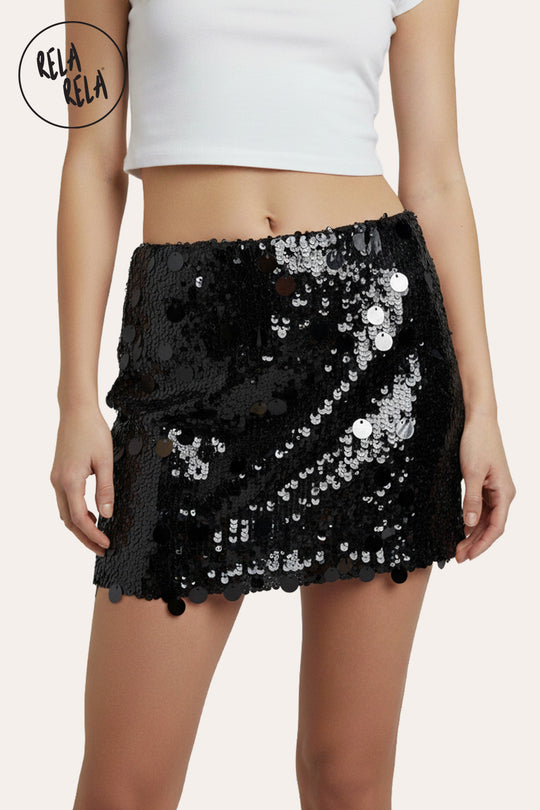 Shimmering Mid Rise Disc Sequin Micro Skirt in Black