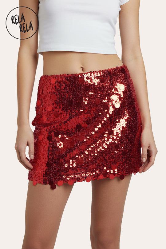 Shimmering Mid Rise Disc Sequin Micro Skirt in Red