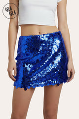 Cobalt Blue shimmering mid rise disc sequin micro skirt front view – sparkly mini skirt with statement shine.