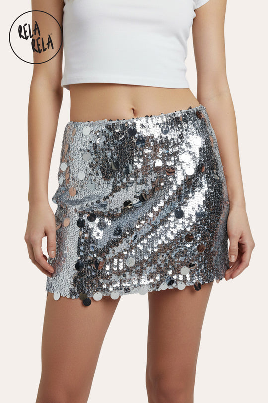 Shimmering Mid Rise Disc Sequin Micro Skirt in Silver