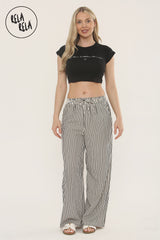 Wide Leg Stripe Elasticated Waistband Trousers in Black