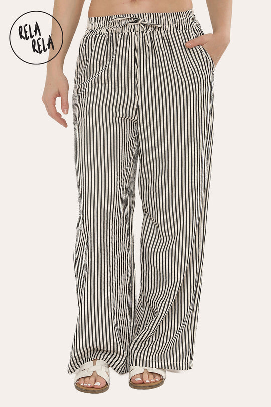 Wide Leg Stripe Elasticated Waistband Trousers in Black