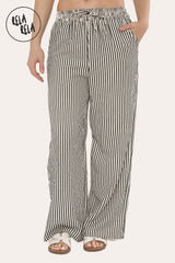 Wide Leg Stripe Elasticated Waistband Trousers in Black