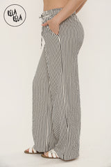 Wide Leg Stripe Elasticated Waistband Trousers in Black