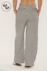 Wide Leg Stripe Elasticated Waistband Trousers in Black