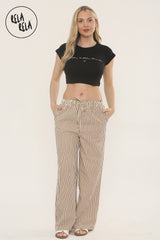 Wide Leg Stripe Elasticated Waistband Trousers in Mocha