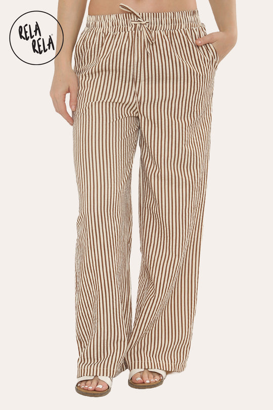 Wide Leg Stripe Elasticated Waistband Trousers in Mocha