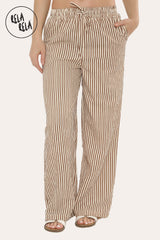 Wide Leg Stripe Elasticated Waistband Trousers in Mocha