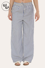 Wide Leg Stripe Elasticated Waistband Trousers in Royal Blue