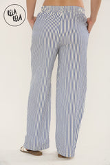 Wide Leg Stripe Elasticated Waistband Trousers in Royal Blue