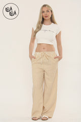 Wide Leg Stripe Elasticated Waistband Trousers in Mustard