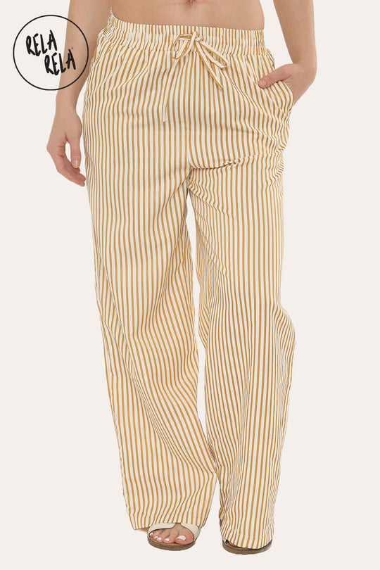 Wide Leg Stripe Elasticated Waistband Trousers in Mustard