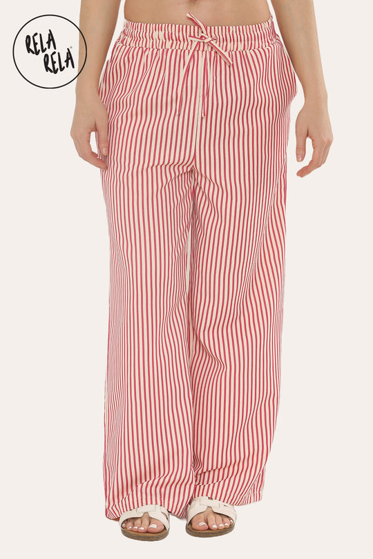 Wide Leg Stripe Elasticated Waistband Trousers in Red
