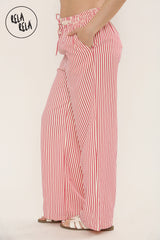 Wide Leg Stripe Elasticated Waistband Trousers in Red