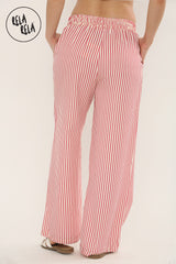 Wide Leg Stripe Elasticated Waistband Trousers in Red
