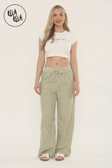 Wide Leg Stripe Elasticated Waistband Trousers in Sage