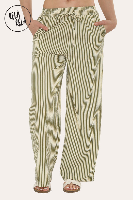 Wide Leg Stripe Elasticated Waistband Trousers in Sage