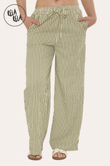 Wide Leg Stripe Elasticated Waistband Trousers in Sage