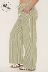 Wide Leg Stripe Elasticated Waistband Trousers in Sage