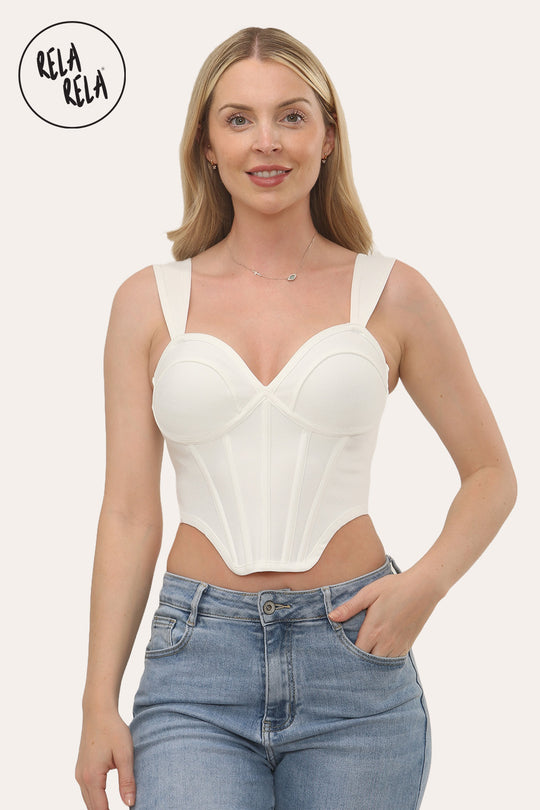 Cupped Bandage Corset Top With Boning Detail in Ivory