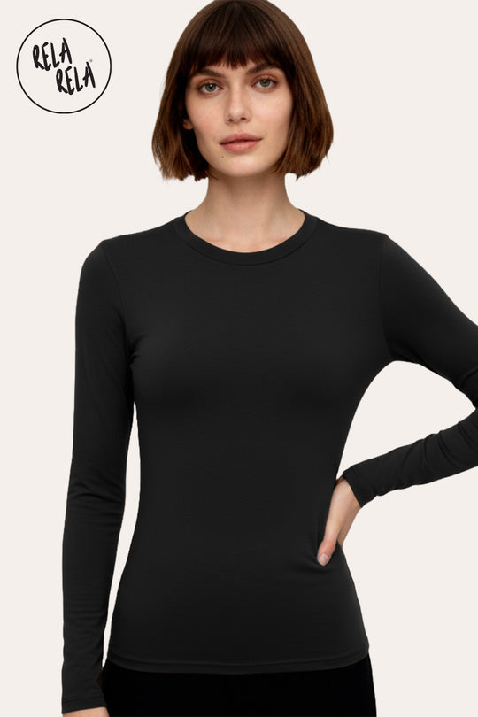 Double Lined Long Sleeve Basic T-shirt in Black
