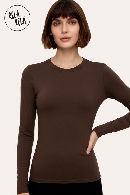 Double Lined Long Sleeve Basic T-shirt in Chocolate