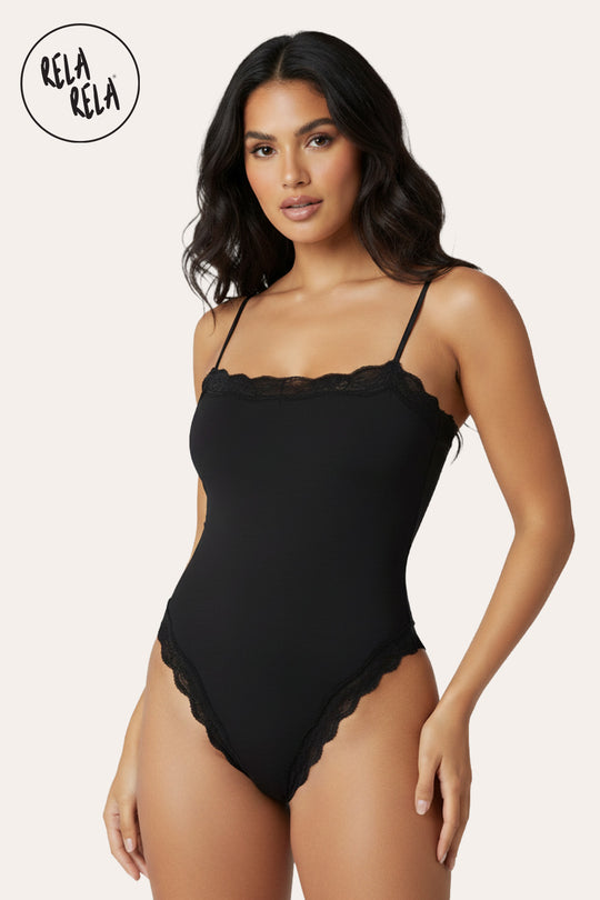 Spaghetti Strap Lace Trim Stretchy Bodysuit in Black