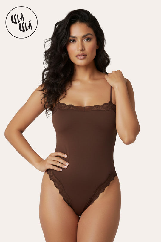 Spaghetti Strap Lace Trim Stretchy Bodysuit in Chocolate