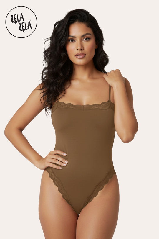 Spaghetti Strap Lace Trim Stretchy Bodysuit in Mocha