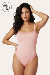 Front View of Blush Pink Spaghetti Strap Lace Trim Stretchy Bodysuit