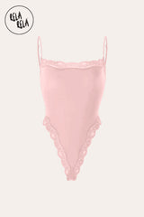 Spaghetti Strap Lace Trim Stretchy Bodysuit in Blush Pink