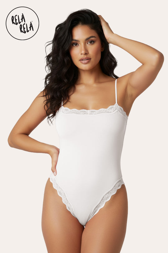 Spaghetti Strap Lace Trim Stretchy Bodysuit in White