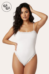 Front View of White Spaghetti Strap Lace Trim Stretchy Bodysuit