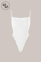 Spaghetti Strap Lace Trim Stretchy Bodysuit in White