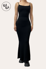 Front View of Soft Touch Stretch Rib Maxi Cami Dress in Black