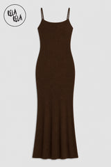 Flat lay of RELA RELA Chocolate soft touch stretch rib maxi cami dress, showing the ribbed texture, cami neckline and maxi length.