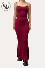 Front View of Soft Touch Stretch Rib Maxi Cami Dress in Burgundy