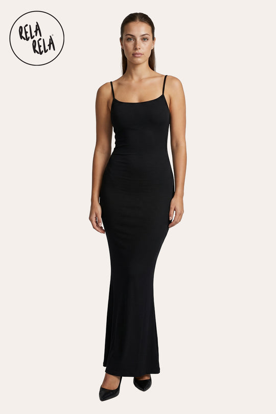 Soft Touch Stretch Rib Maxi Cami Dress in Black