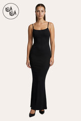 Front View of Soft Touch Stretch Rib Maxi Cami Dress in Black