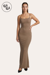 Front View of Soft Touch Stretch Rib Maxi Cami Dress in Mocha
