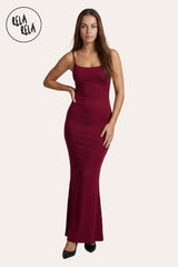 Front View of Soft Touch Stretch Rib Maxi Cami Dress in Burgundy