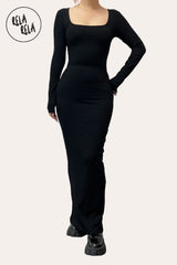 Front View of Soft Touch Stretch Rib Long Sleeve Maxi Dress in Black