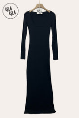 Soft Touch Stretch Rib Long Sleeve Black Maxi Dress