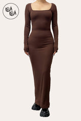 Front View of Soft Touch Stretch Rib Long Sleeve Maxi Dress in Chocolate