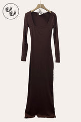 Soft Touch Stretch Rib Long Sleeve Chocolate Maxi Dress